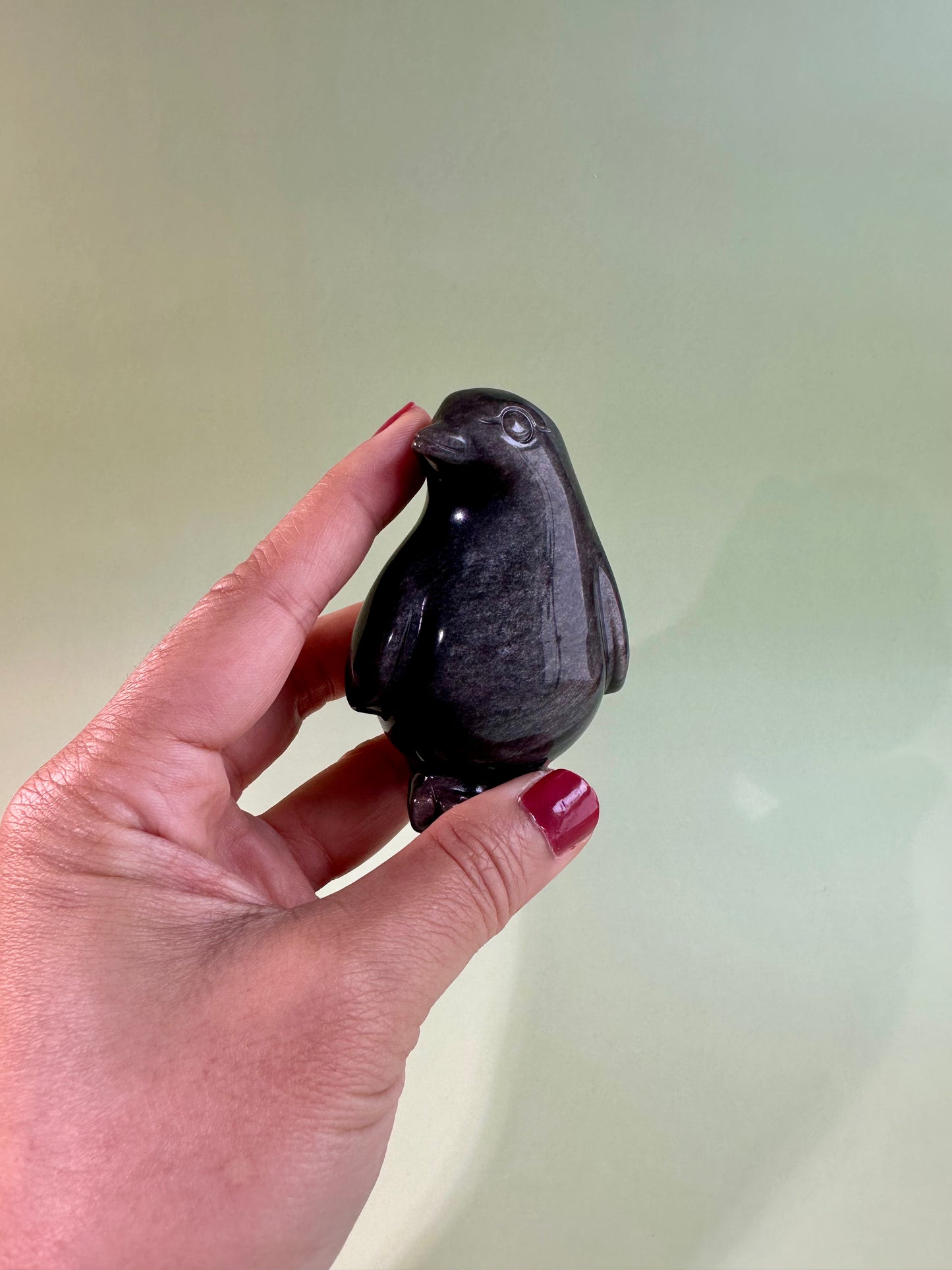 Silver Sheen Obsidian Penguin Carving