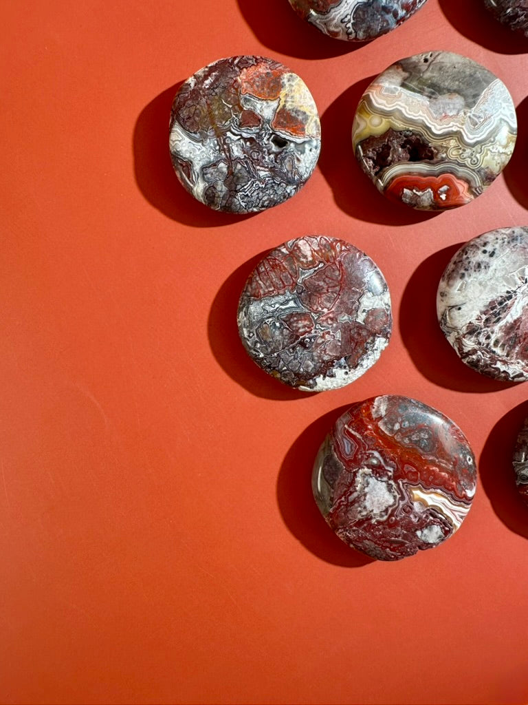 Red Crazy Lace Agate Round Flat Palm