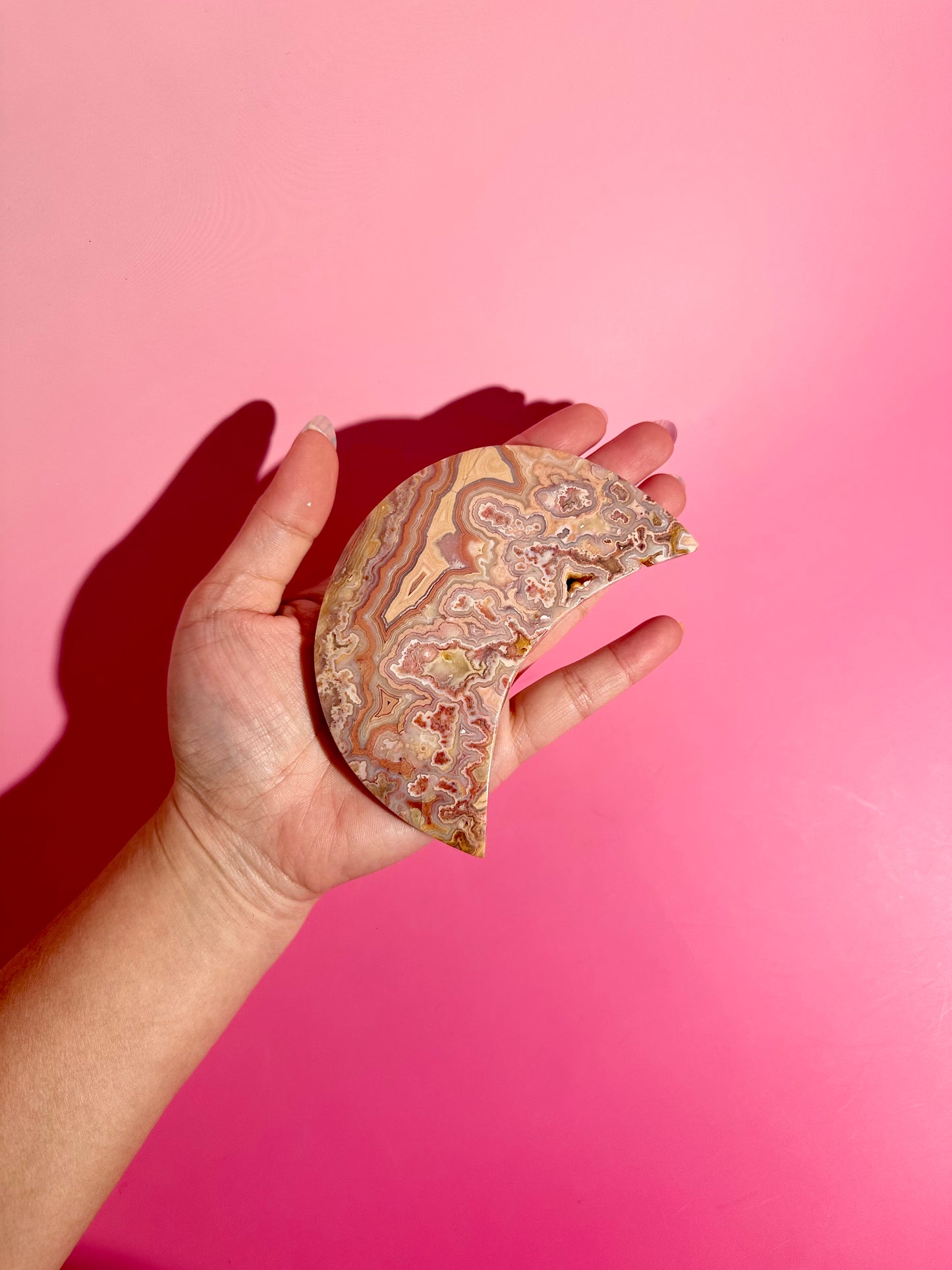 Pink Crazy Lace Agate Crescent Moon Carving – Option A | Joy, Balance & Gentle Energy