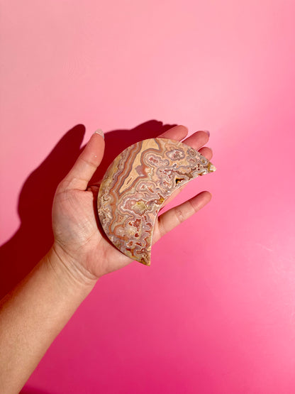 Pink Crazy Lace Agate Crescent Moon Carving – Option A | Joy, Balance & Gentle Energy