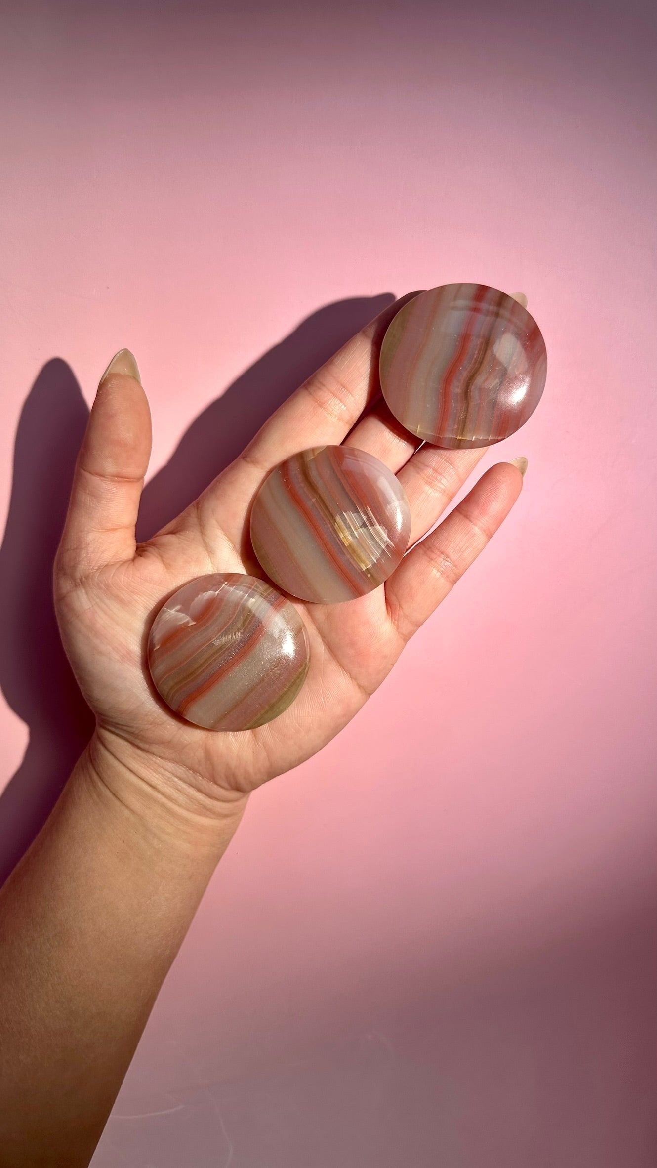 Pink Banded Calcite Round Flat Palm