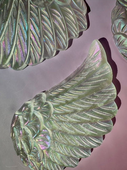 Large Aura Satin Spar (Selenite) Angel Wing Pair on Gold Stand | Statement Angelic & Cleansing Energy