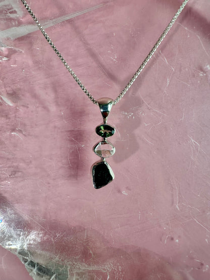 925 Sterling Silver Rough Black Tourmaline, Herkimer Diamond & Faceted Peridot Three-Stone Bezel Necklace
