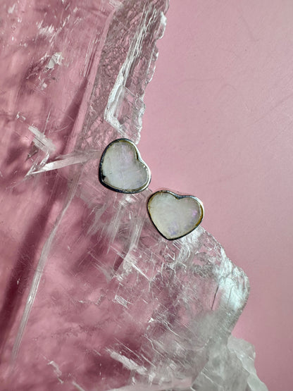 925 Sterling Silver Heart Rainbow Moonstone Stud Earrings