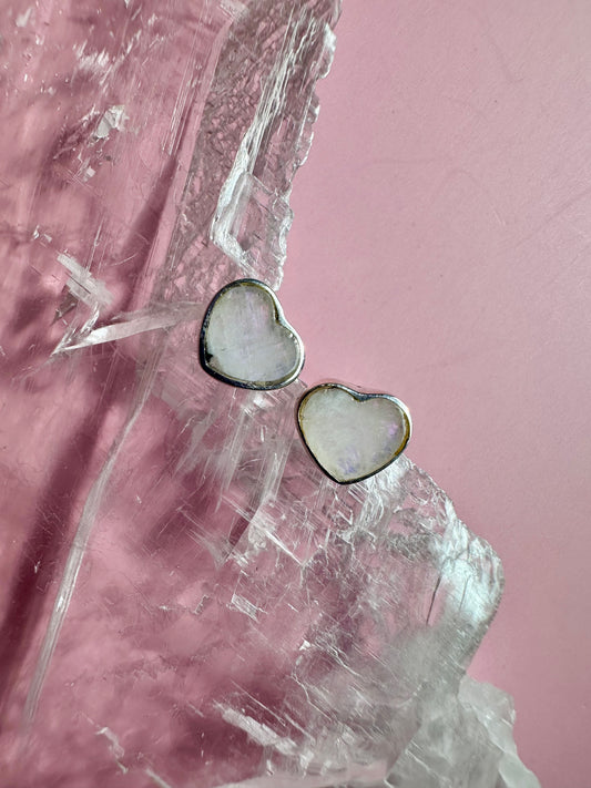 925 Sterling Silver Heart Rainbow Moonstone Stud Earrings