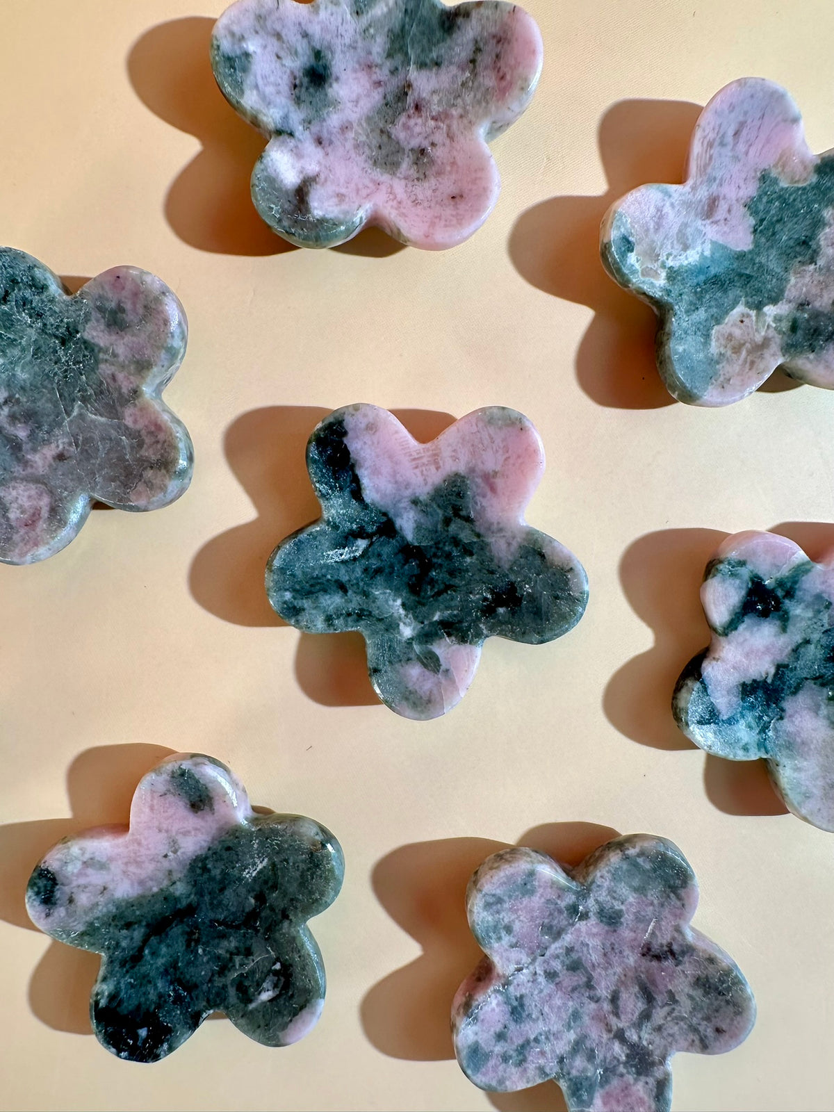 Thulite & Epidote Flower Worry Stone | Pink Green Crystal