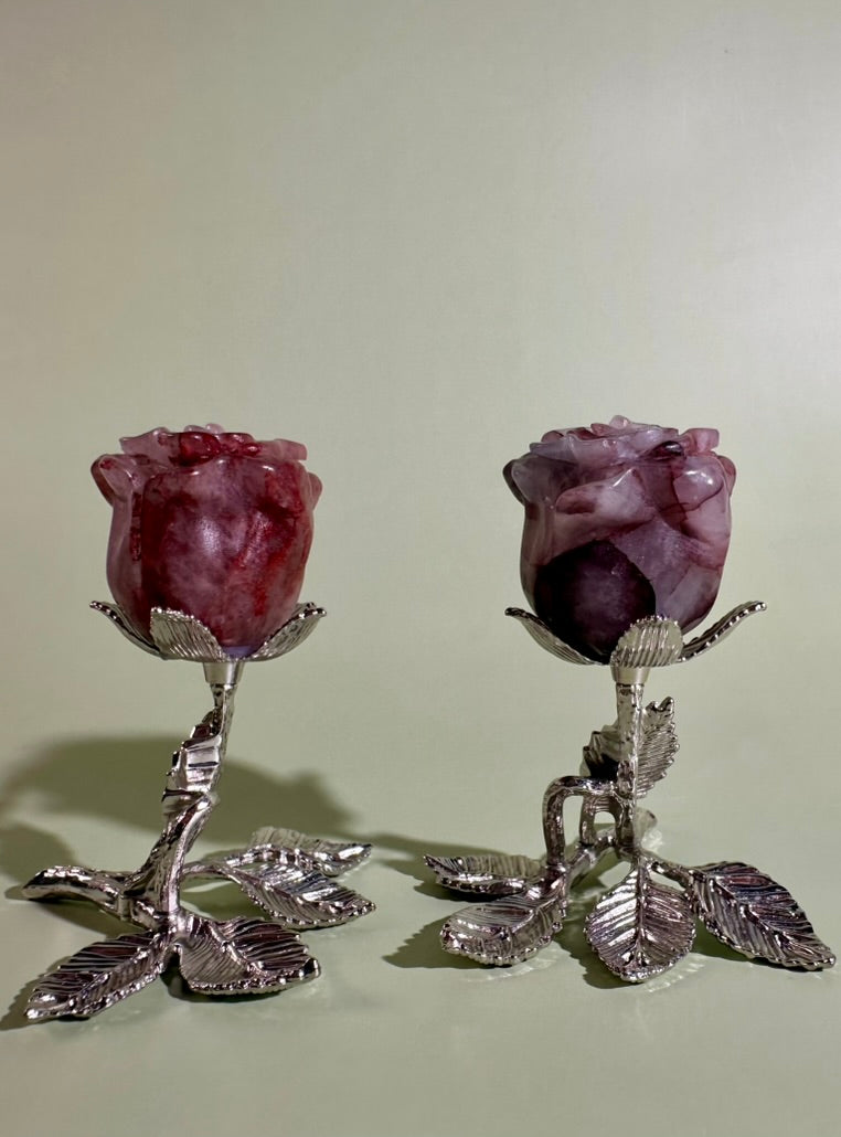 Intuitively Chosen Fire Quartz Rose on Silver Branch Stand | Hematoid Quartz Crystal Décor