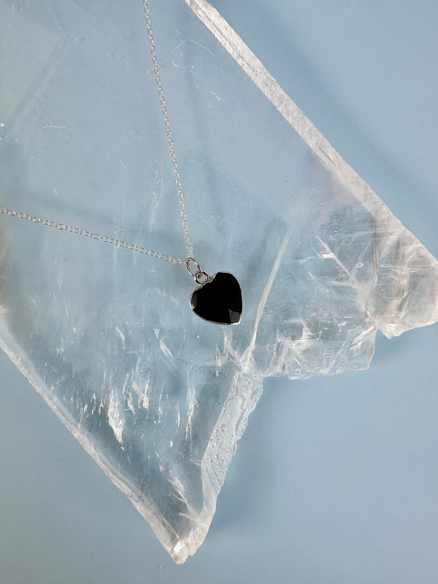 Brass Base with Silver Electroplated Finish Obsidian Heart Necklace