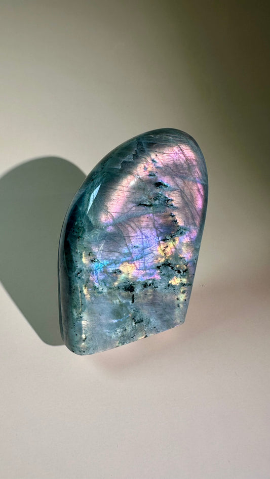 Large Rainbow Flash Labradorite Standing Freeform – Option H