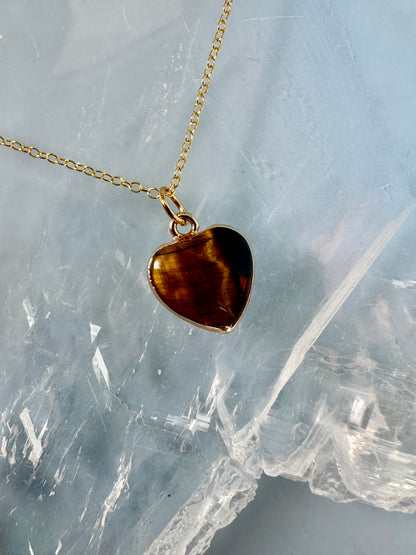 Brass Base with 18K Gold Tone Electroplated Finish Tiger’s Eye Heart Necklace