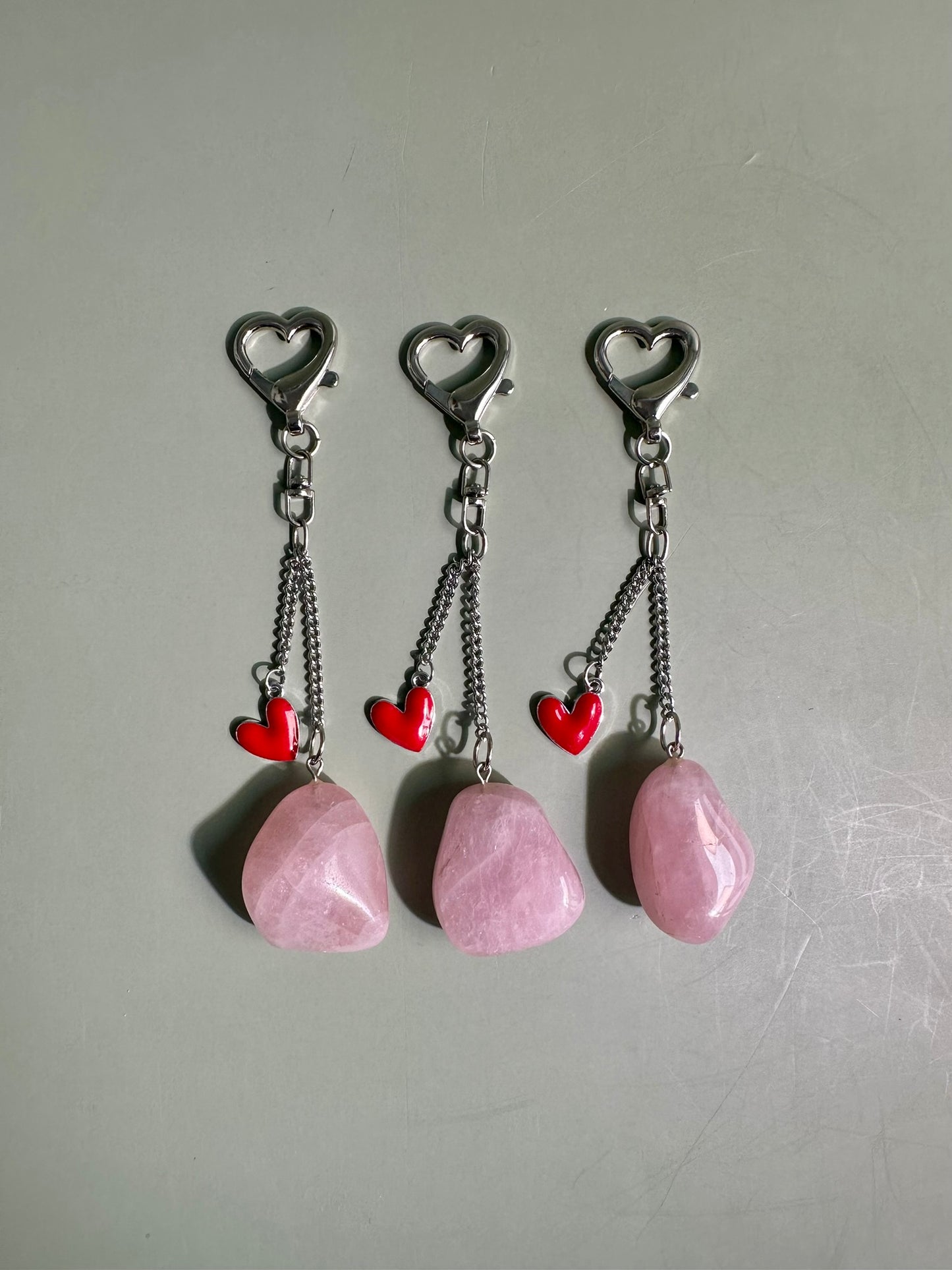 Rose Quartz Tumble Keychain with Enamel Heart Charm