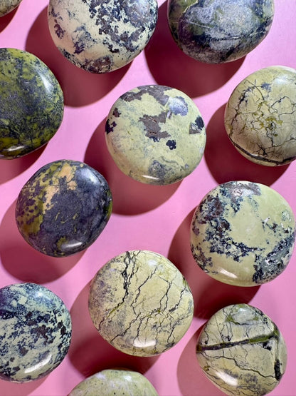 Peruvian Serpentine with Pyrite Round Palm Stone