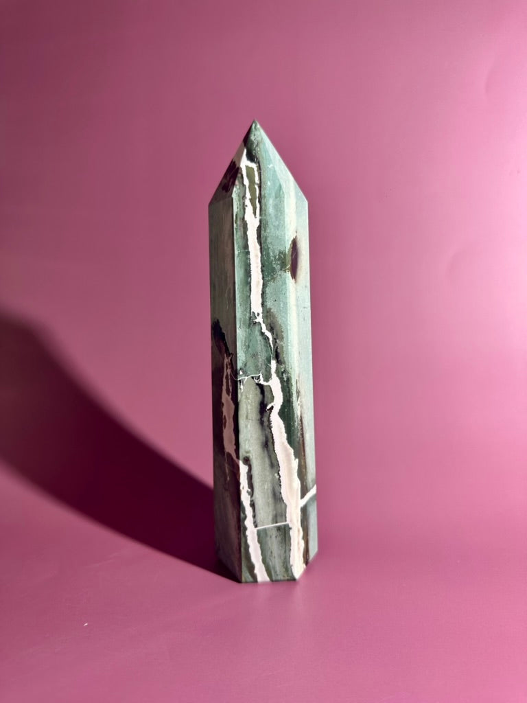 Green Zebra Tower | Growth, Balance & Grounding Crystal Tower