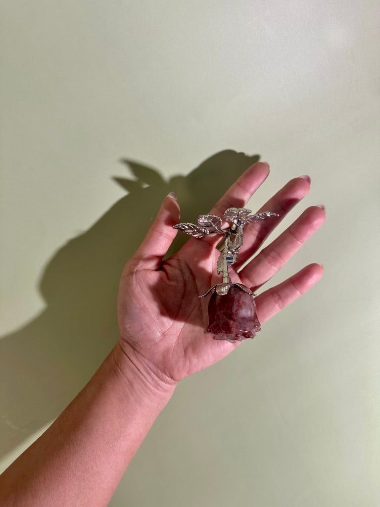 Intuitively Chosen Fire Quartz Rose on Silver Branch Stand | Hematoid Quartz Crystal Décor