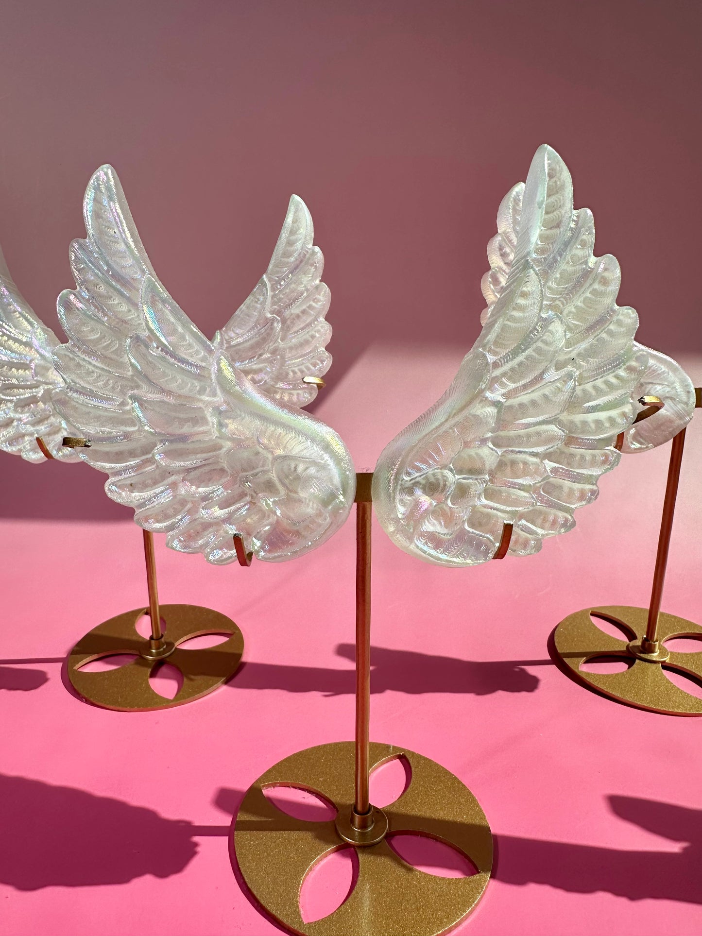 Small Aura Satin Spar (Selenite) Angel Wing Pair on Gold Stand | Peace & Angelic Energy