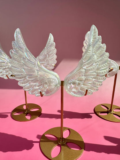 Small Aura Satin Spar (Selenite) Angel Wing Pair on Gold Stand | Peace & Angelic Energy