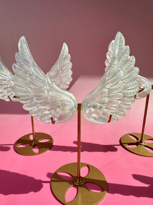 Small Aura Satin Spar (Selenite) Angel Wing Pair on Gold Stand | Peace & Angelic Energy