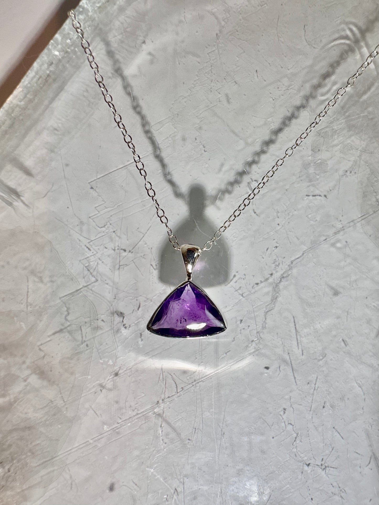 925 Sterling Silver Faceted Trillion (Triangle) Amethyst Bezel Necklace