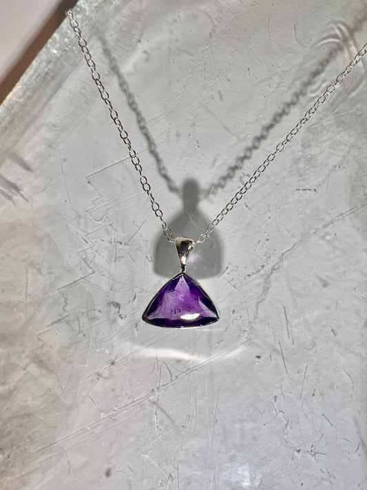 925 Sterling Silver Faceted Trillion (Triangle) Amethyst Bezel Necklace