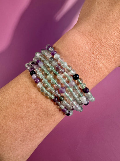 4mm Green & Purple Fluorite Beaded Bracelet