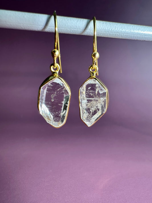 925 Sterling Silver Yellow Gold Vermeil Herkimer Diamond Bezel Dangle Earrings