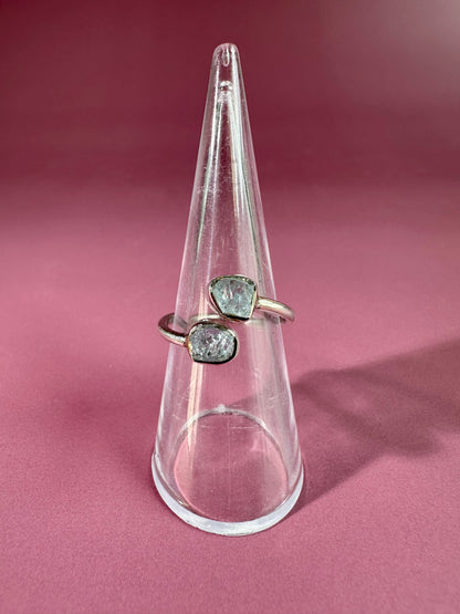 925 Sterling Silver Rough Aquamarine Bezel Two-Stone Adjustable Ring