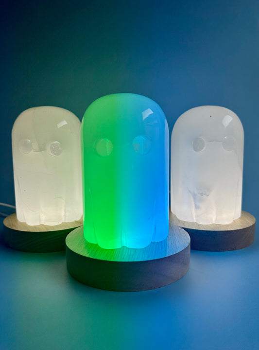 Hand-Carved Onyx Ghost Carving with Wooden Lamp Base – LED Color-Changing Light