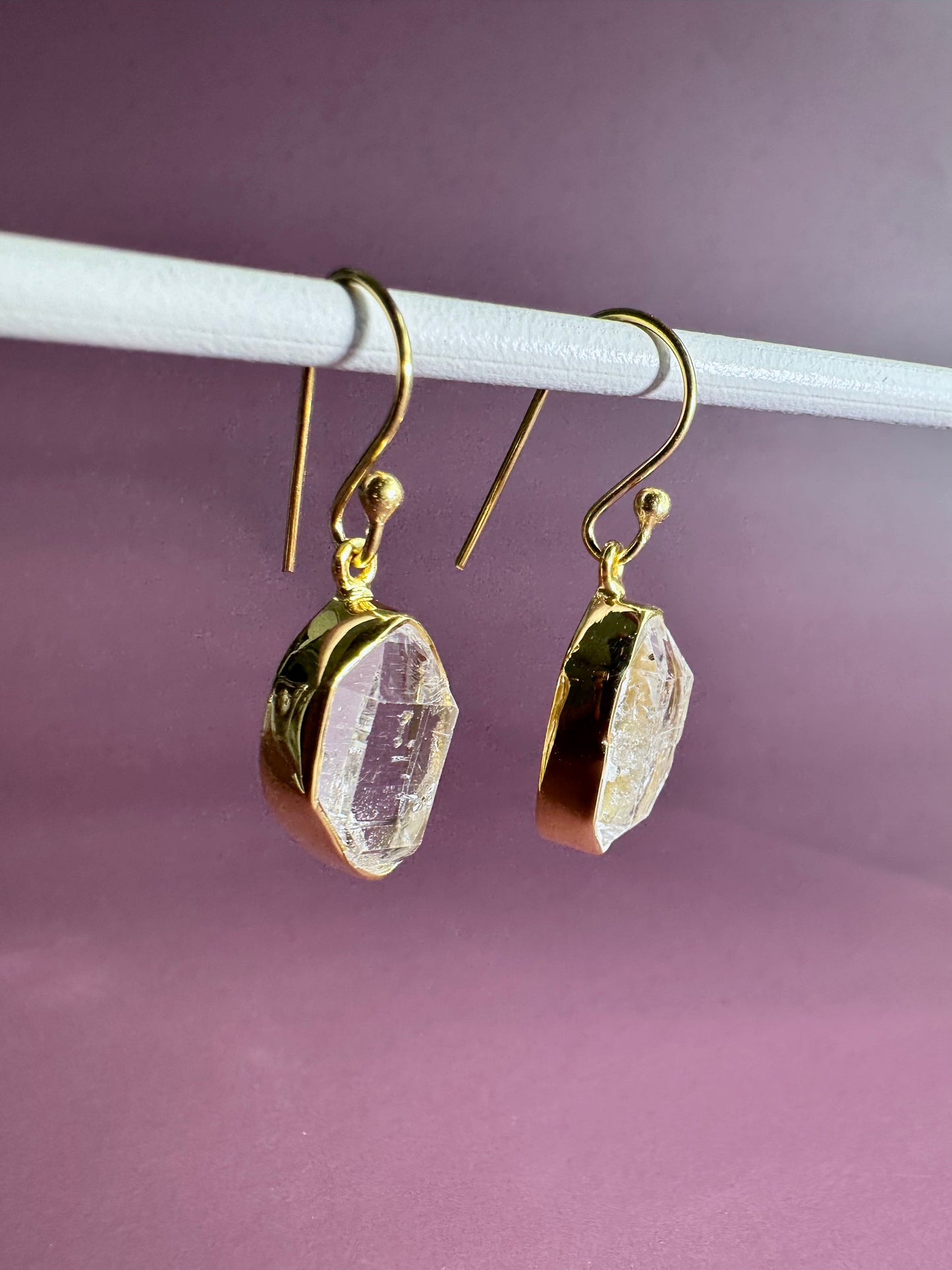 925 Sterling Silver Yellow Gold Vermeil Herkimer Diamond Bezel Dangle Earrings