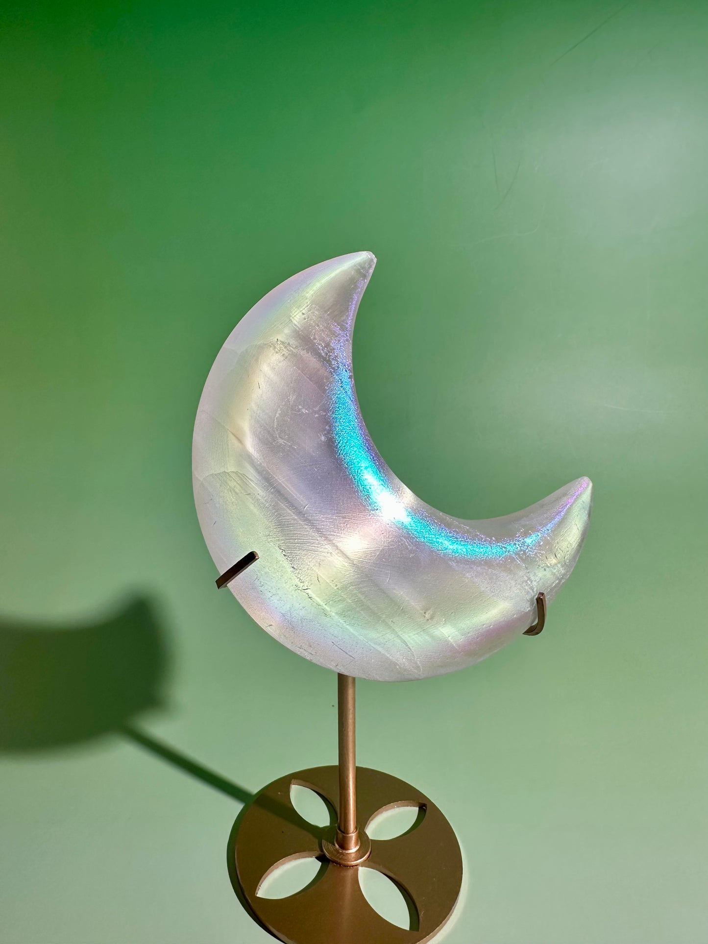 Perfectly Imperfect Aura Satin Spar (Selenite) Crescent Moon on Gold Stand Misfit | Peace & Lunar Energy