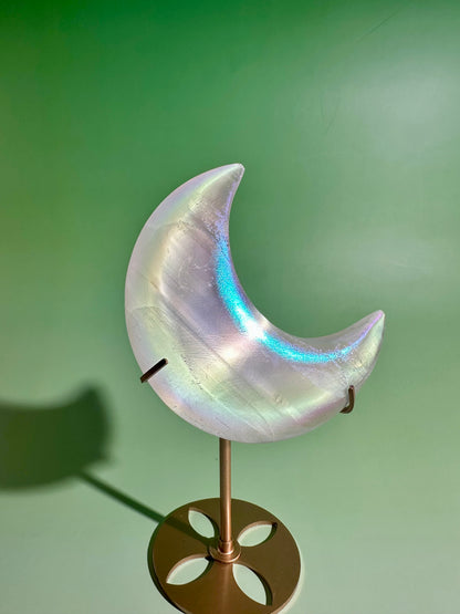 Perfectly Imperfect Aura Satin Spar (Selenite) Crescent Moon on Gold Stand Misfit | Peace & Lunar Energy