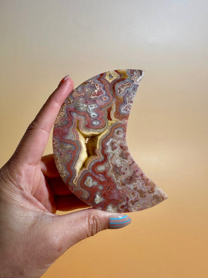 Pink Crazy Lace Agate Crescent Moon Carving – Option B | Positivity & Heart Healing Energy