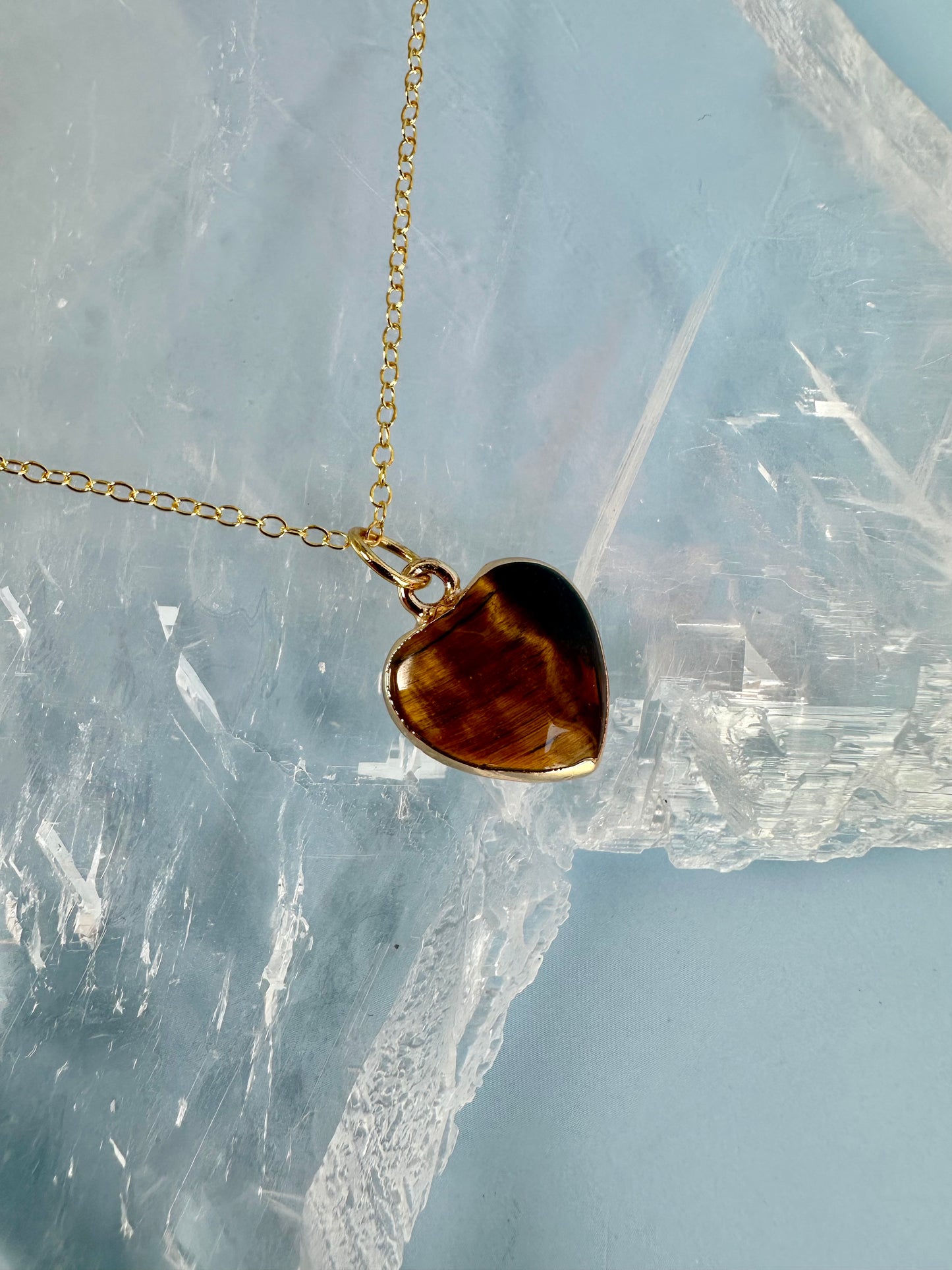 Brass Base with 18K Gold Tone Electroplated Finish Tiger’s Eye Heart Necklace