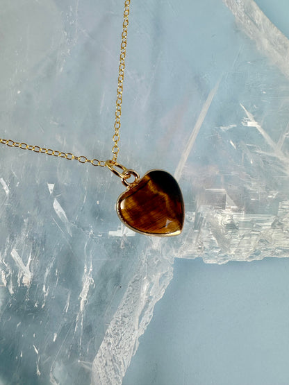 Brass Base with 18K Gold Tone Electroplated Finish Tiger’s Eye Heart Necklace