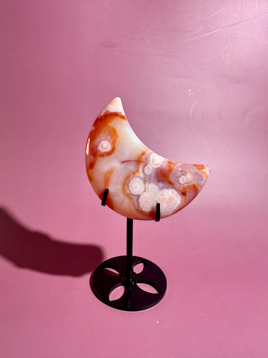 Carnelian Agate Crescent Moon on Black Stand – Option E | Success, Vitality & Abundance Energy