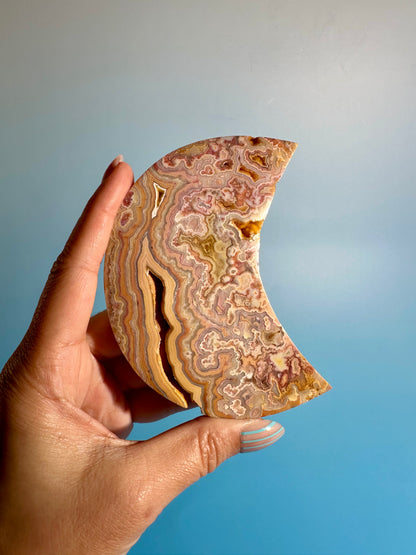 Pink Crazy Lace Agate Crescent Moon Carving – Option C | Harmony, Growth & Joyful Energy