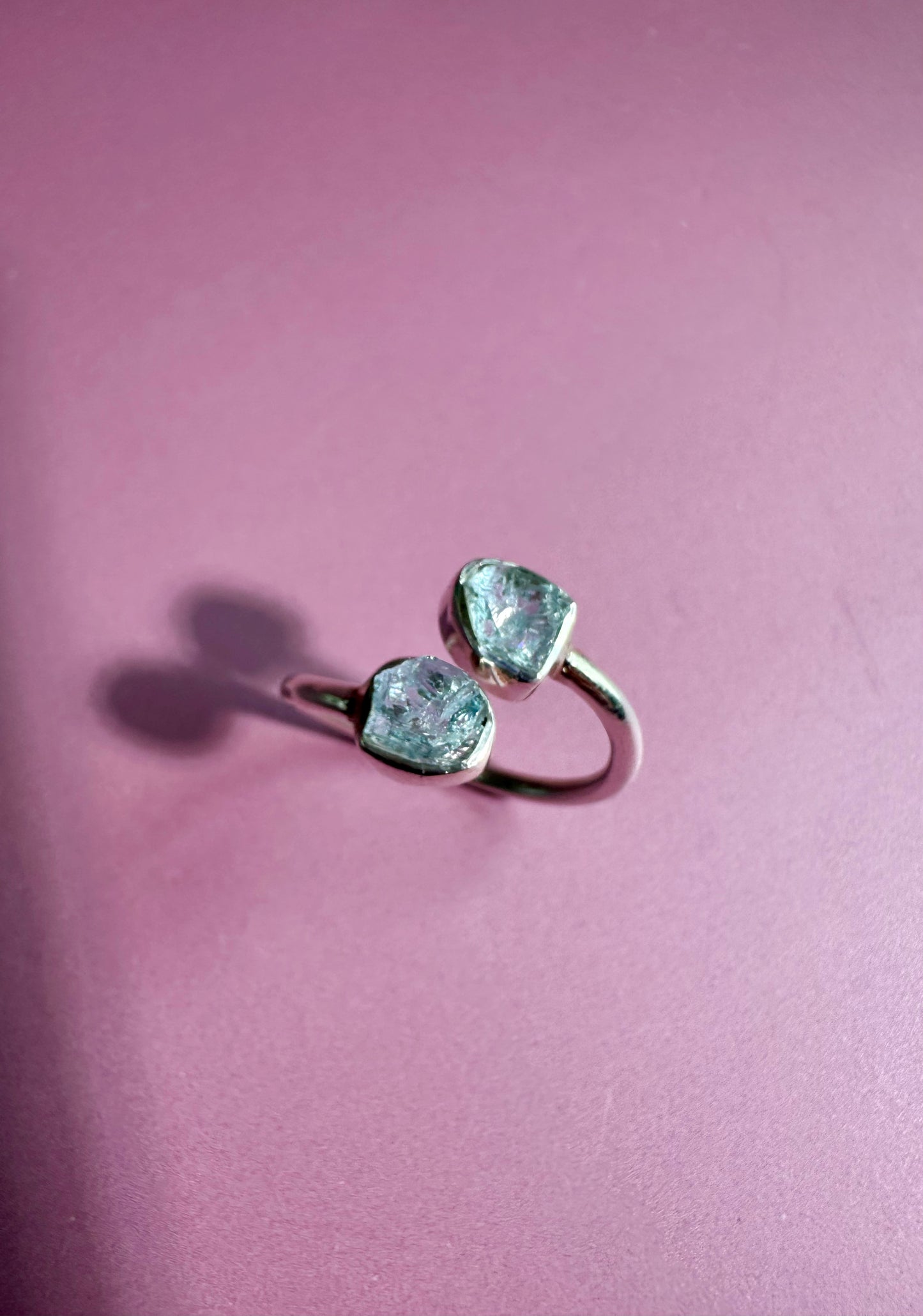 925 Sterling Silver Rough Aquamarine Bezel Two-Stone Adjustable Ring