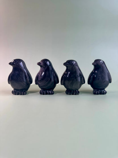Silver Sheen Obsidian Penguin Carving