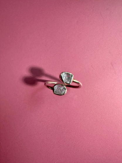 925 Sterling Silver Rough Aquamarine Bezel Two-Stone Adjustable Ring