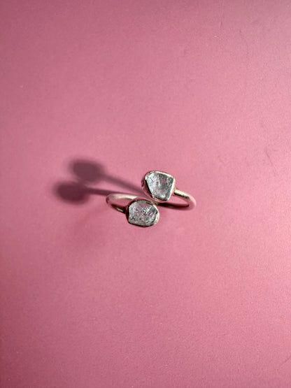 925 Sterling Silver Rough Aquamarine Bezel Two-Stone Adjustable Ring