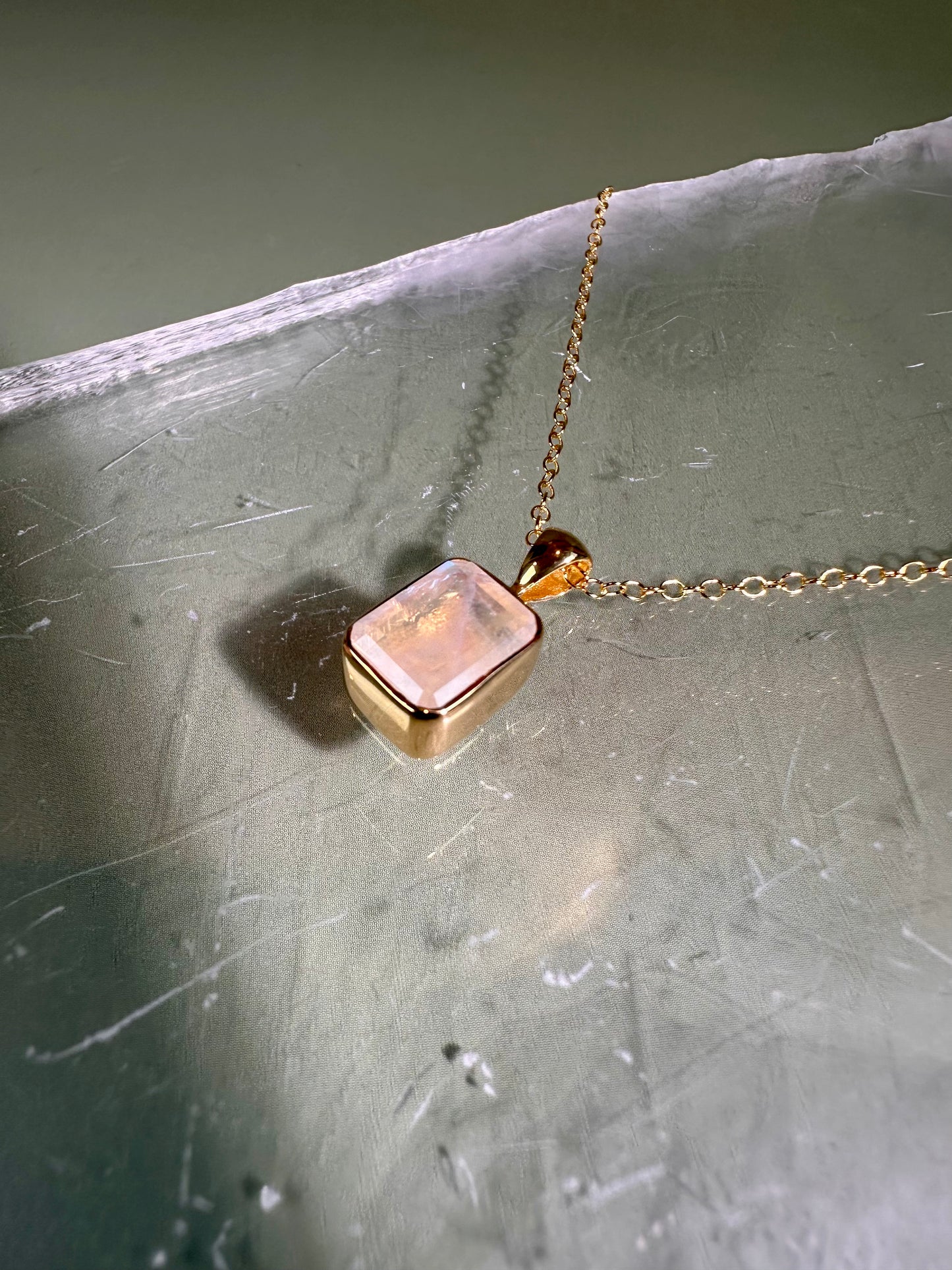 925 Sterling Silver 18K Yellow Gold Vermeil Faceted Rainbow Moonstone Cushion (Pillow) Bezel Necklace