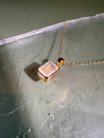 925 Sterling Silver 18K Yellow Gold Vermeil Faceted Rainbow Moonstone Cushion (Pillow) Bezel Necklace