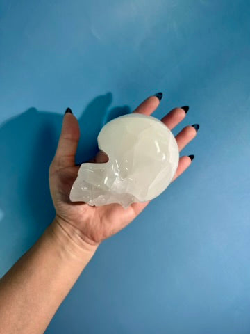 White Onyx Calcite Skull Carving (UV Reactive)