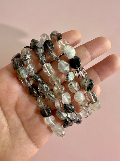 8mm Black Rutile Quartz (Black Tourmaline in Quartz) Polished Tumbled Bracelet