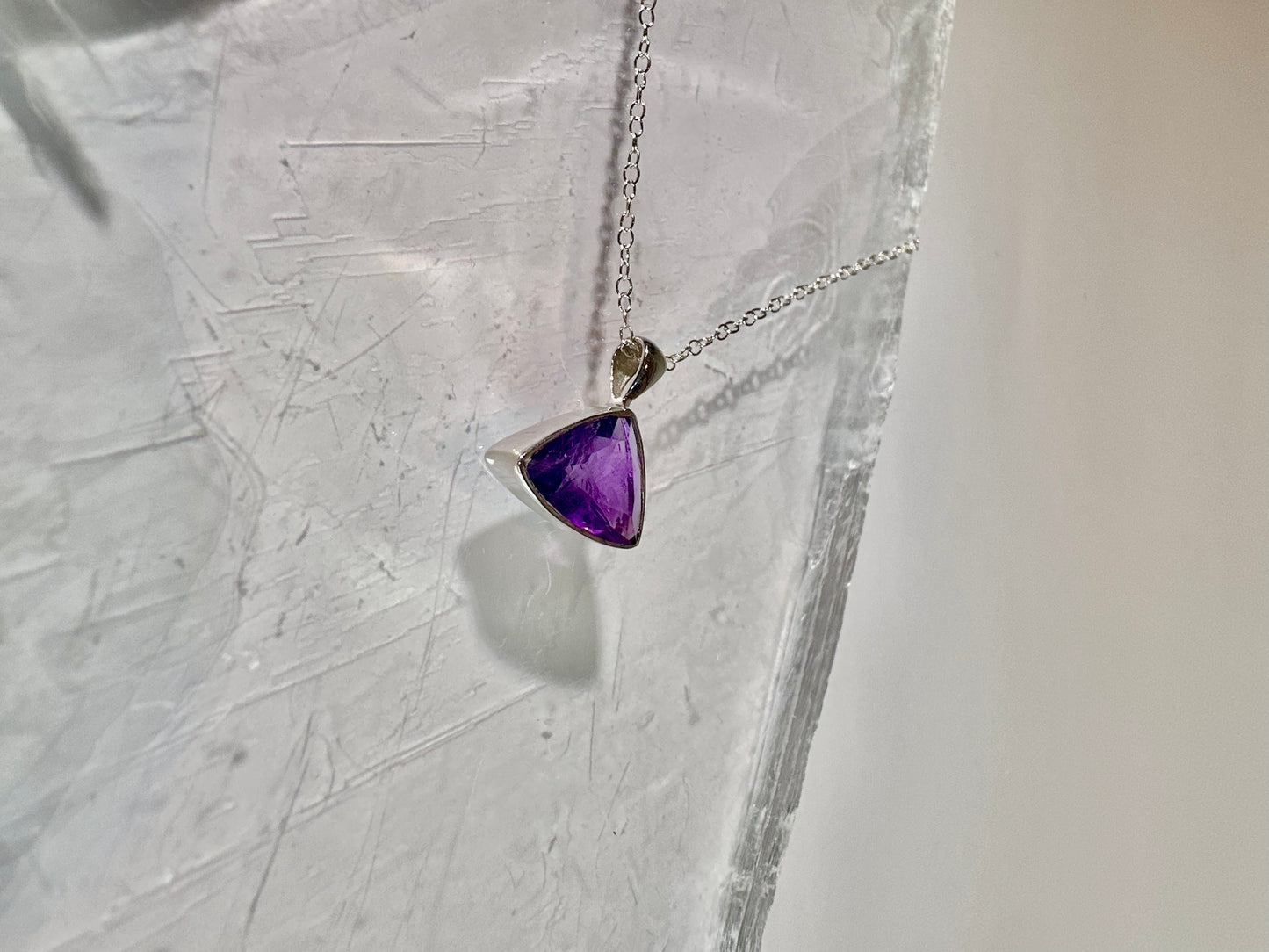 925 Sterling Silver Faceted Trillion (Triangle) Amethyst Bezel Necklace