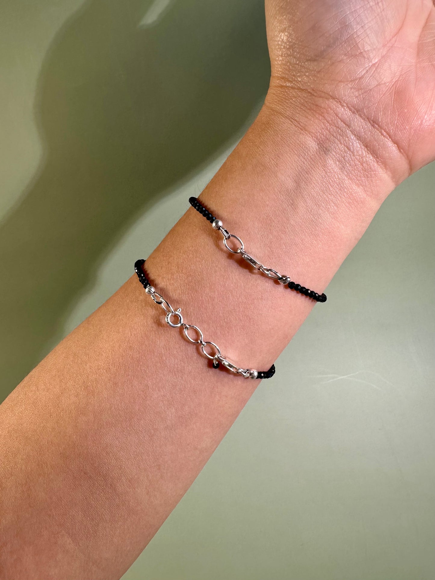 2mm Faceted Black Tourmaline Bracelet with 925 Silver Adjustable Extender