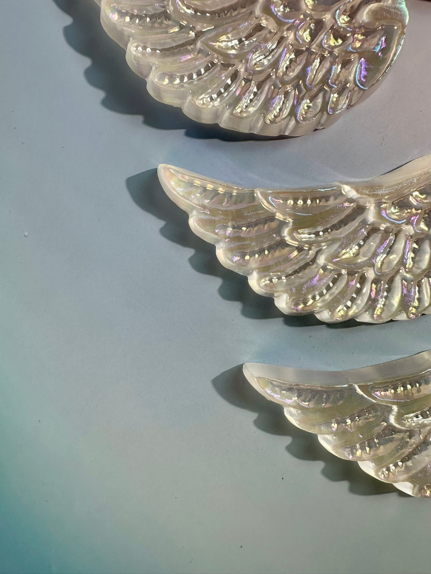 Medium Aura Satin Spar (Selenite) Angel Wing Pair on Gold Stand | Peace & Angelic Energy