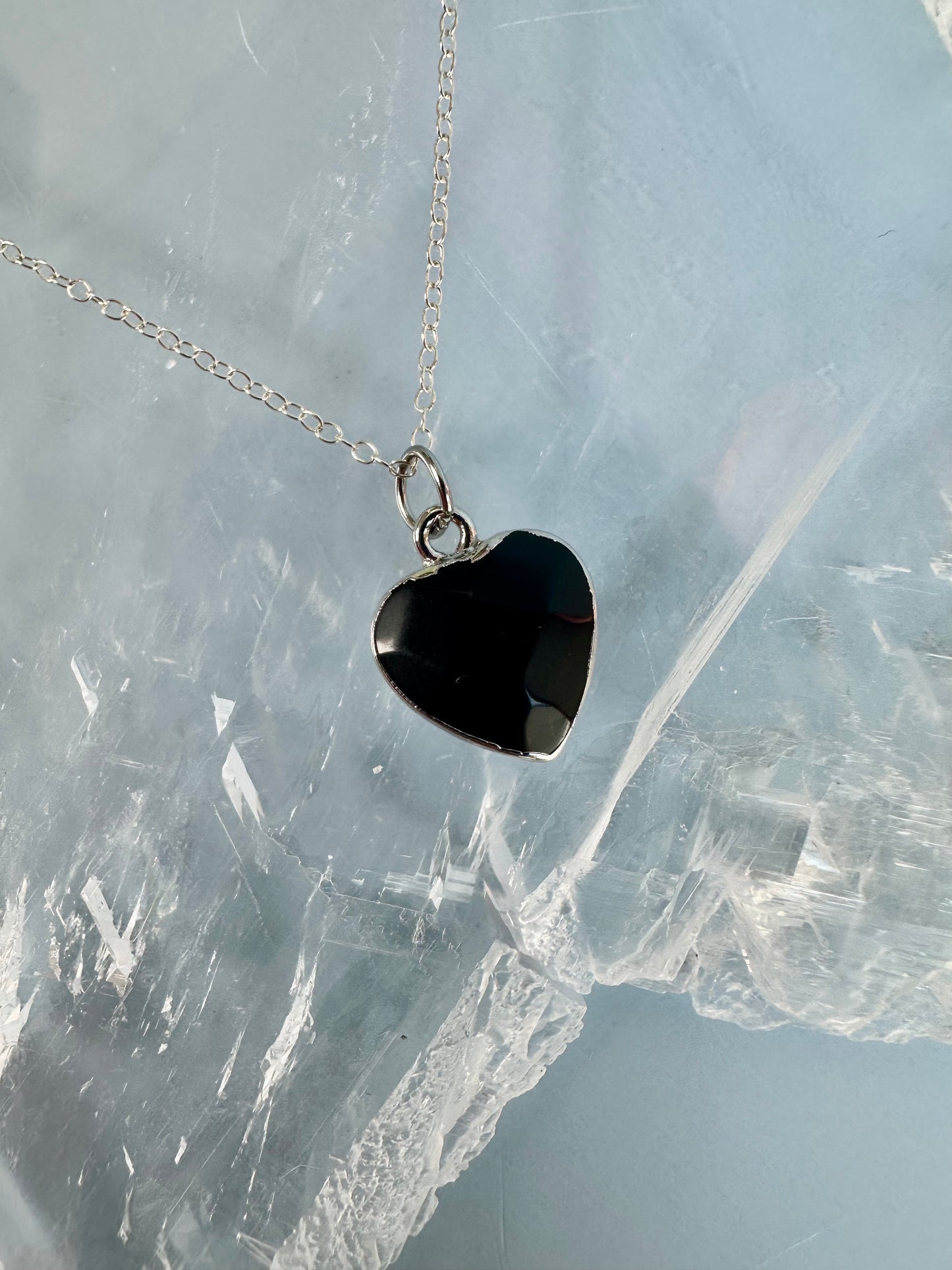Brass Base with Silver Electroplated Finish Obsidian Heart Necklace