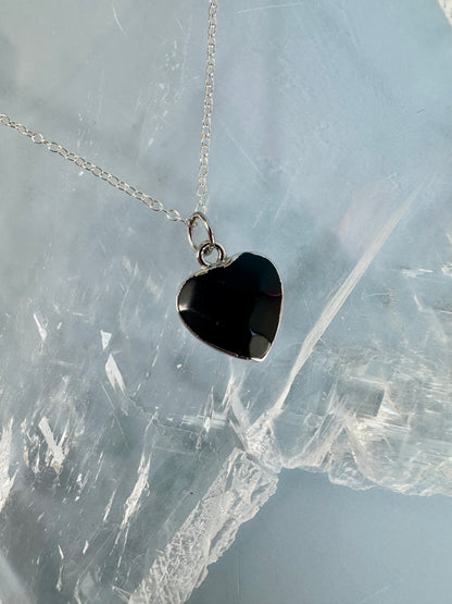 Brass Base with Silver Electroplated Finish Obsidian Heart Necklace