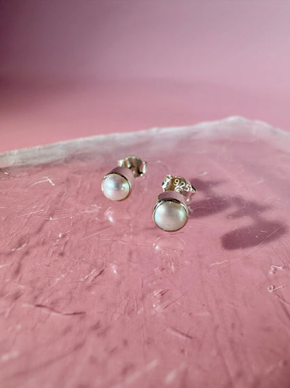 925 Sterling Silver Pearl Bezel Stud Earrings