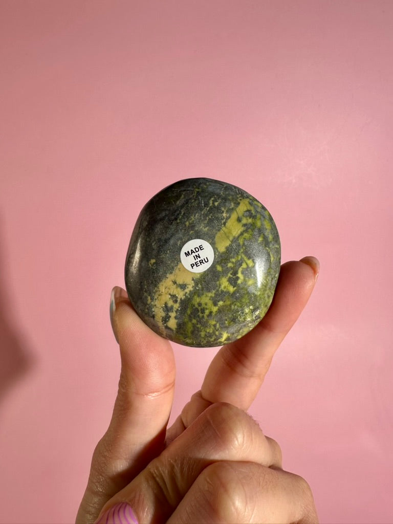 Peruvian Serpentine with Pyrite Round Palm Stone